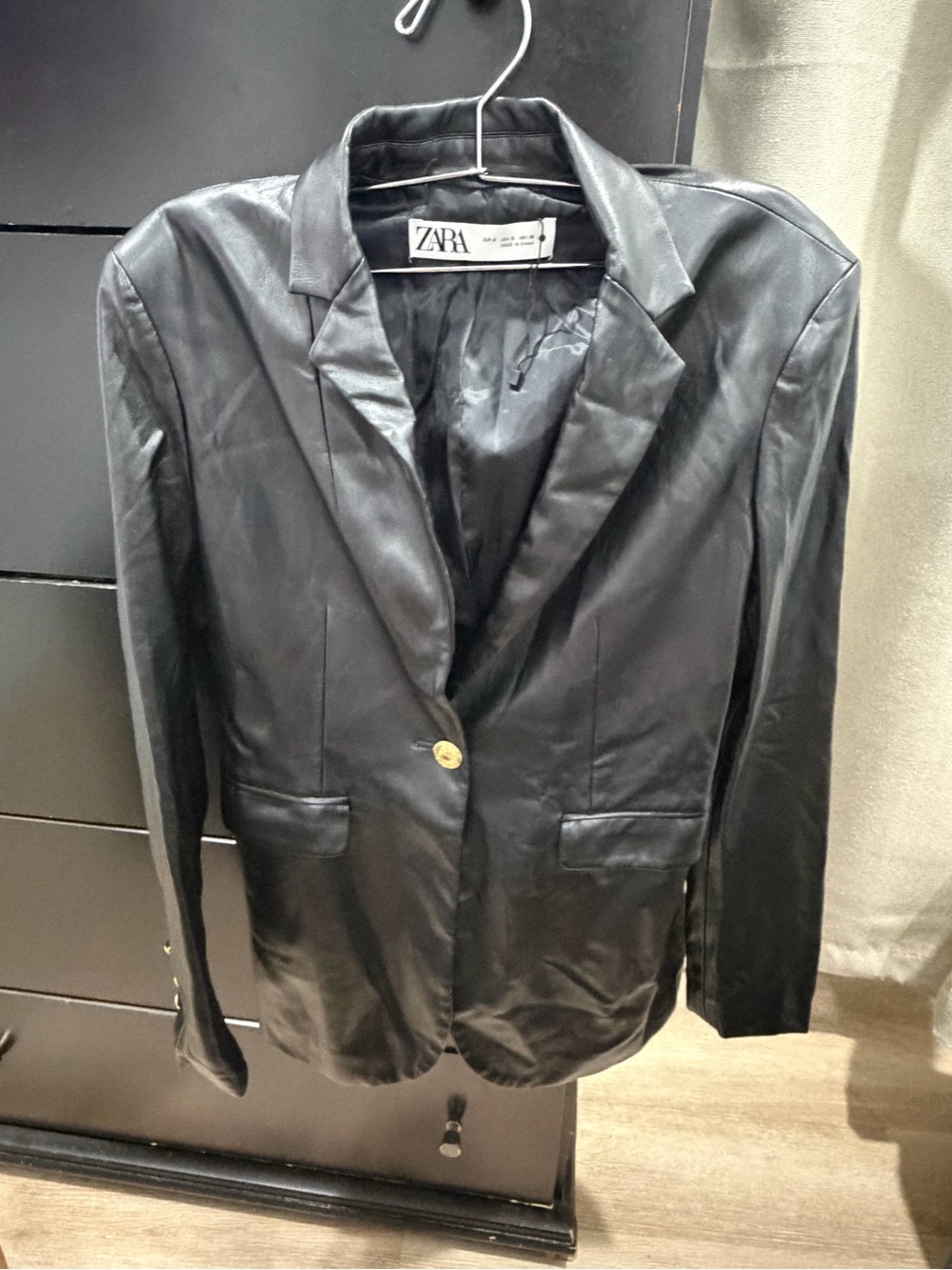 Zara Black Faux Leather Single-Button Blazer